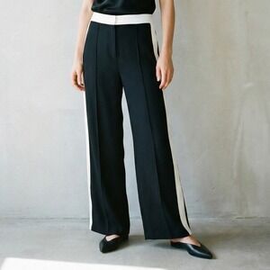 Reiss Wide Leg Pants Womens US 10 Black Cream Stripe Trousers Preppy Glam